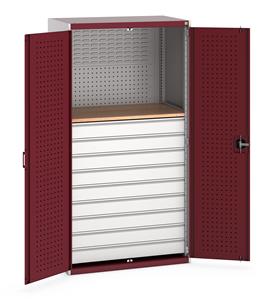 40021204.** Bott cubio kitted cupboard with lockable steel perfo lined doors 1050mm wide x 650mm deep x 2000mm high.  Supplied with Perfo/Louvre back panels, 1 x wooden worktop and 9 drawers.   Drawer Capacity 75kgs.  ...